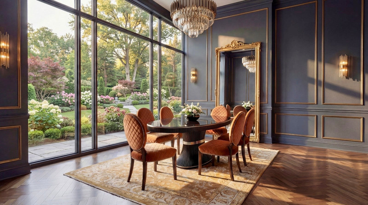 Century City dining chairs around the Maison oval dining table by Marge Carson