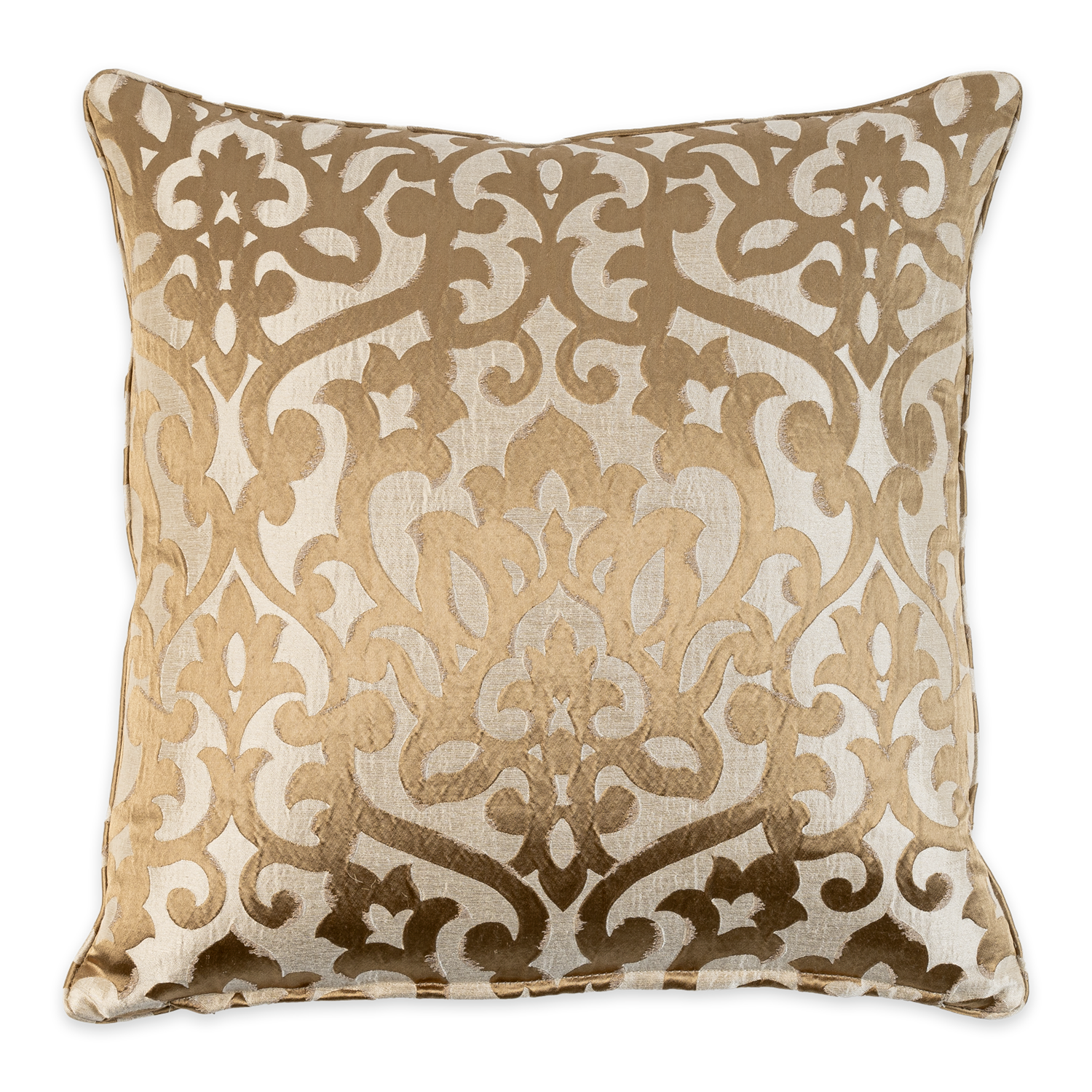 a gold and white throw pillow with a black border