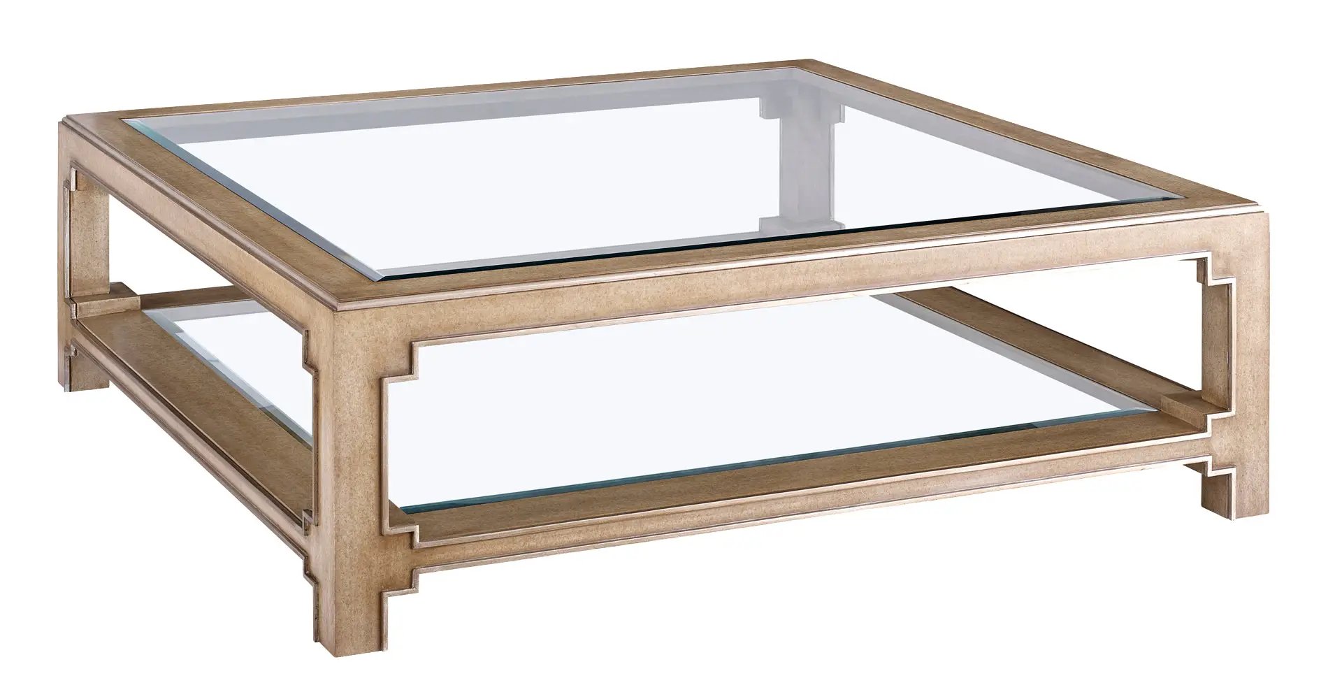 a square coffee table with a glass top and a wooden frame