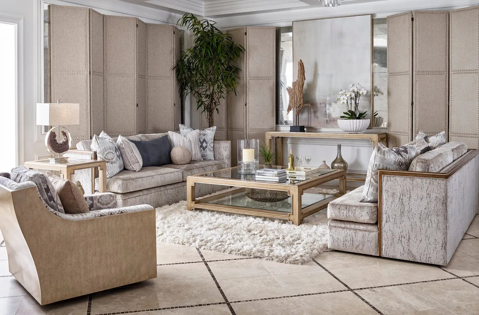a living room filled with furniture and a mirror