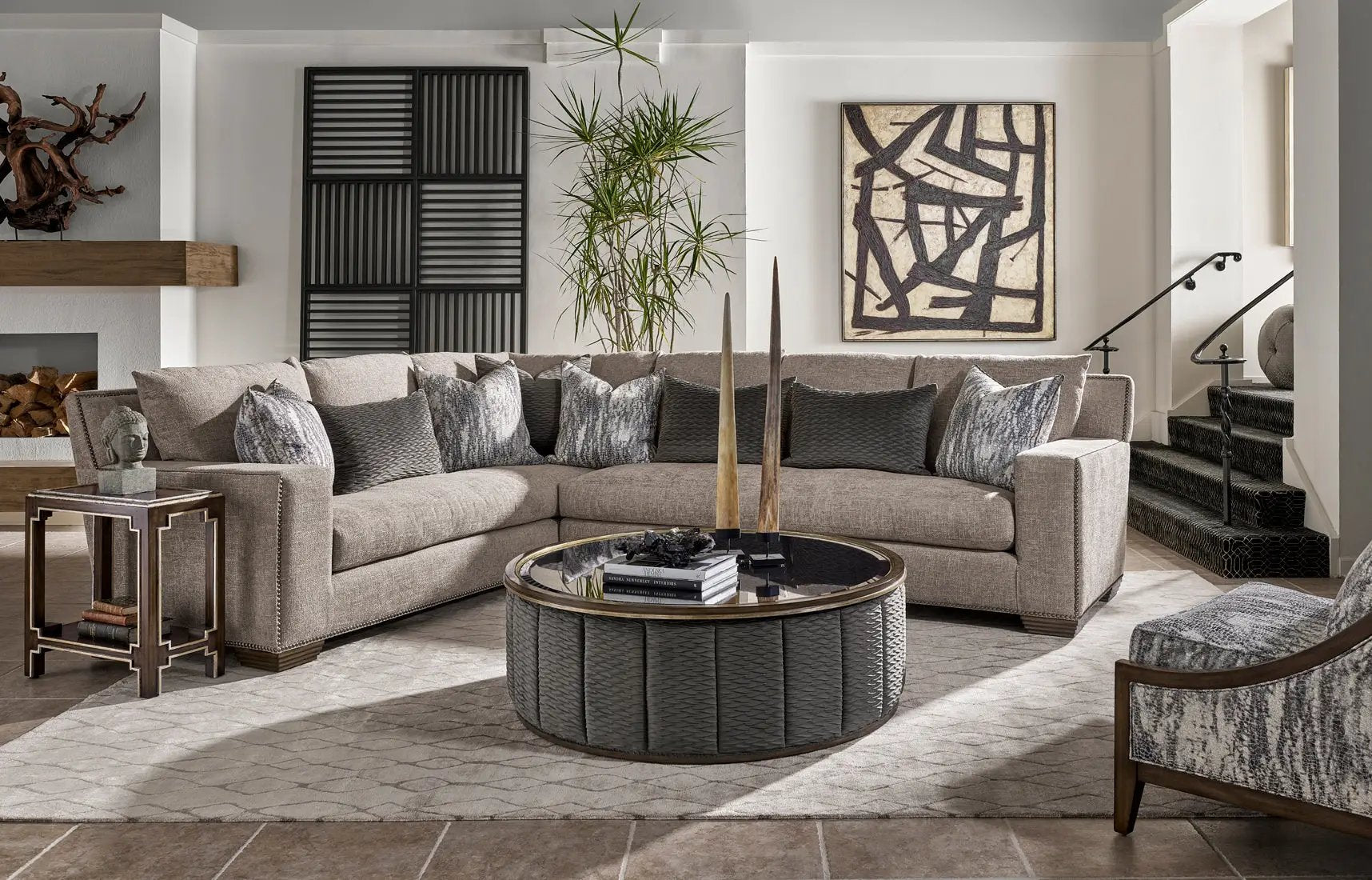 a living room filled with furniture and a fire place