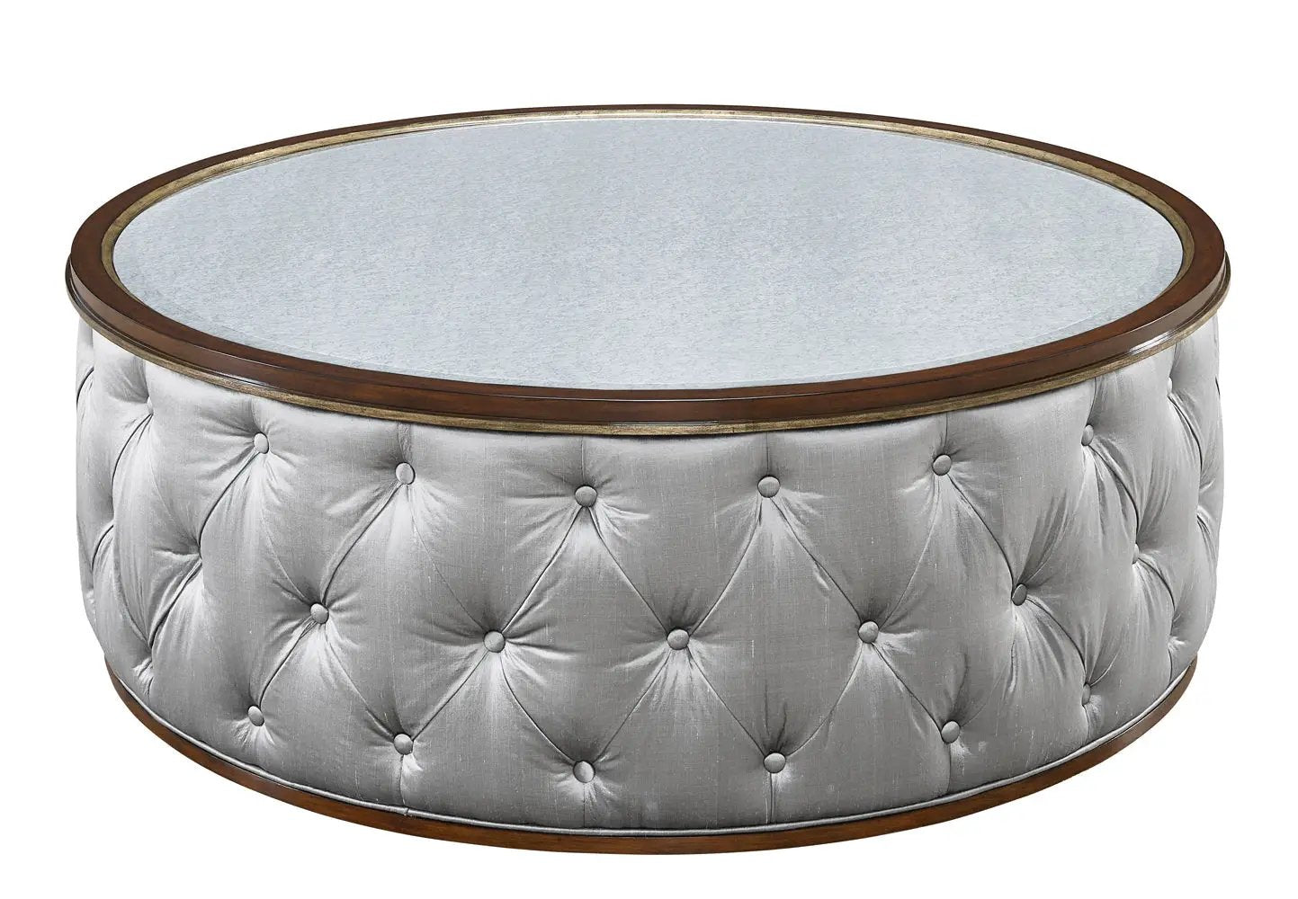 a round glass table with a wooden base