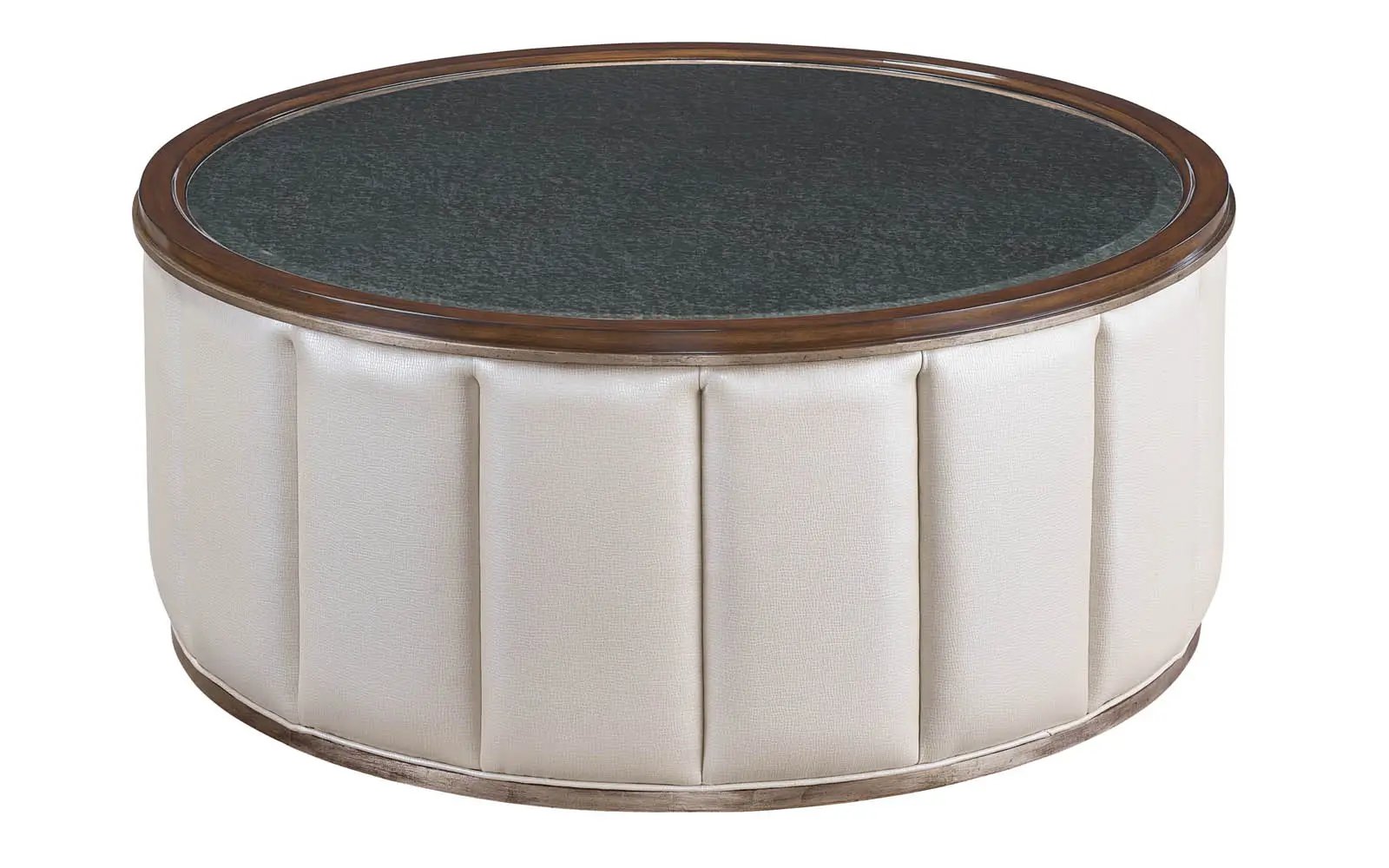 a white and brown round table with a black top
