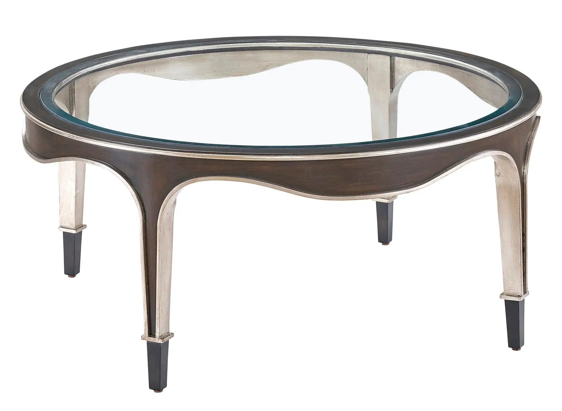 a round glass coctail table with metal legs