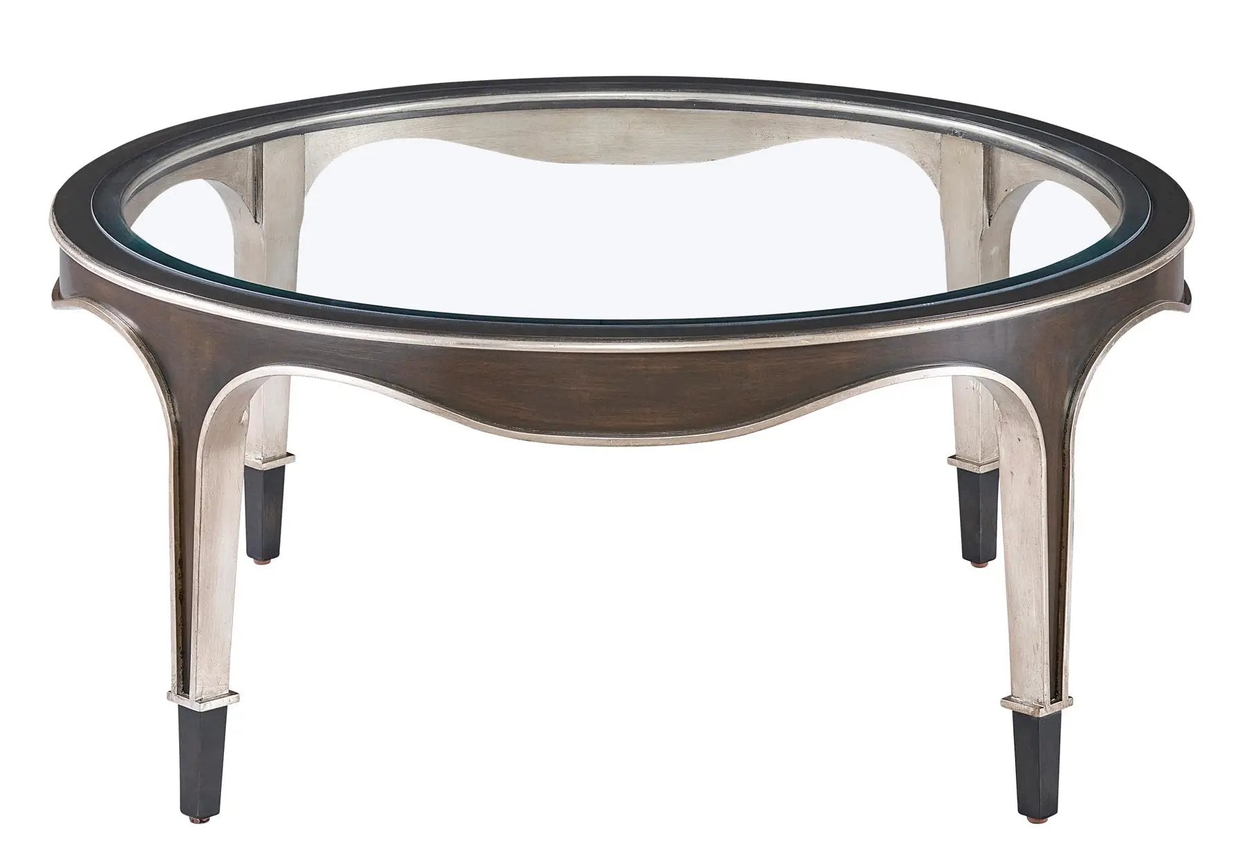 a round glass coctail table with metal legs