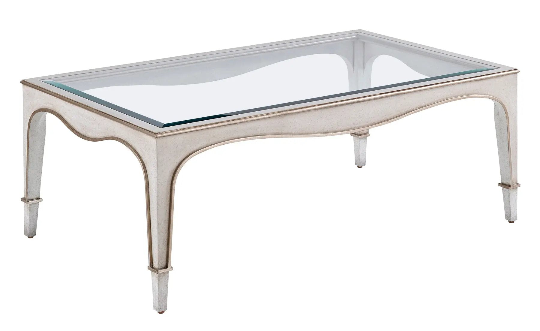 a glass and metal coffee table on a white background