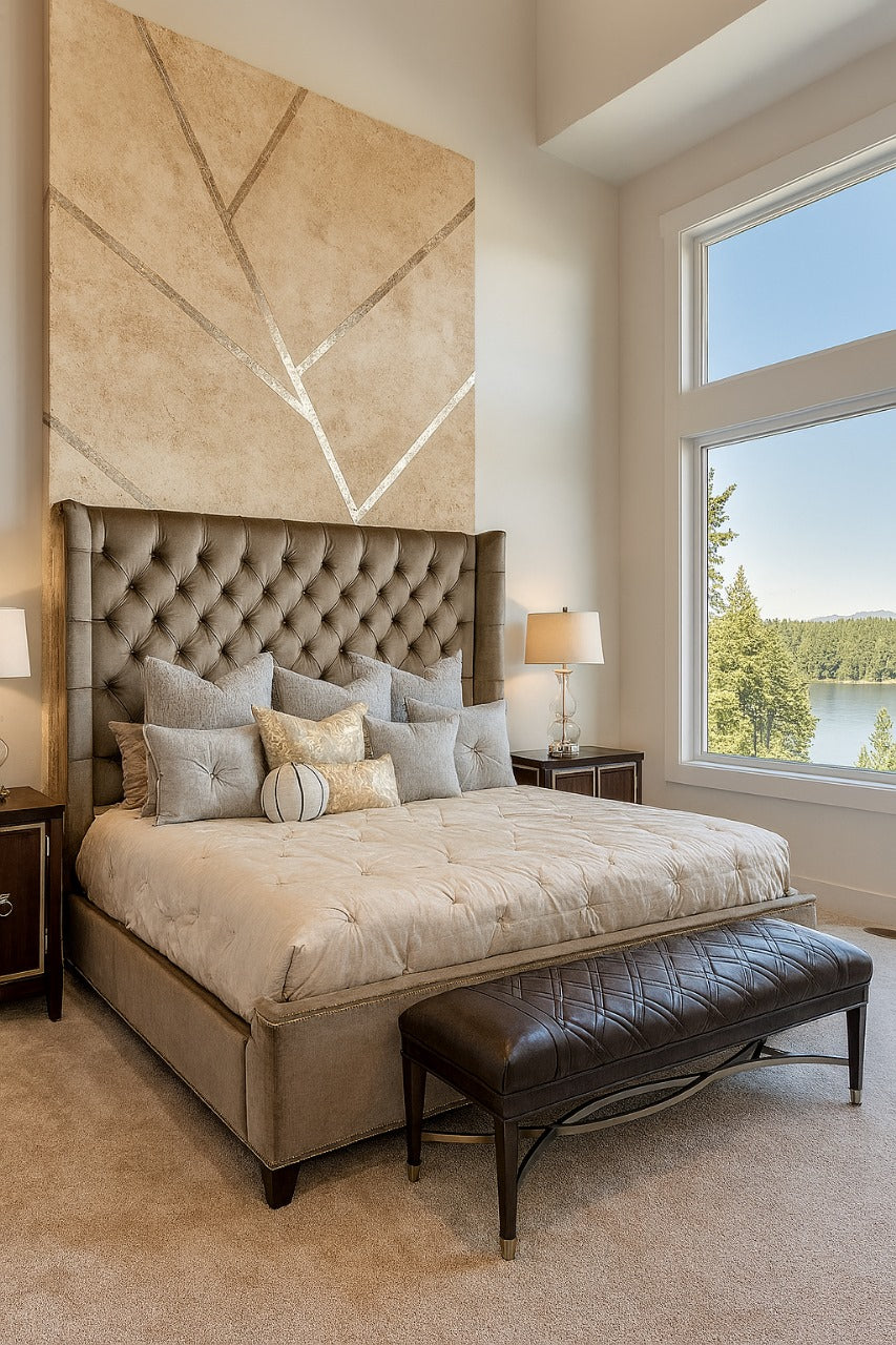 Dakota bed with tufted leather headboard and a Gaston bench in a mountain-view bedroom