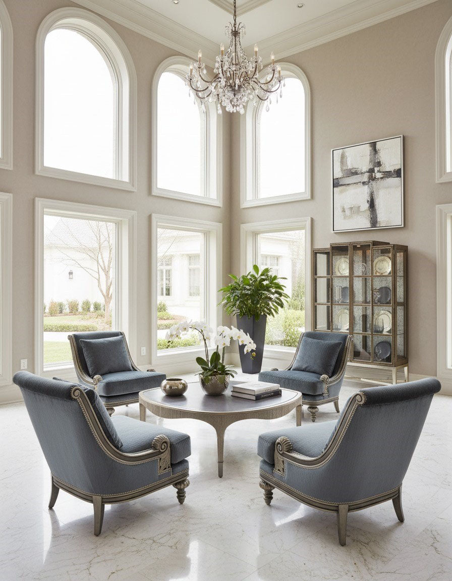 Huntington Manor lounge chairs in blue velvet around a Maison cocktail table