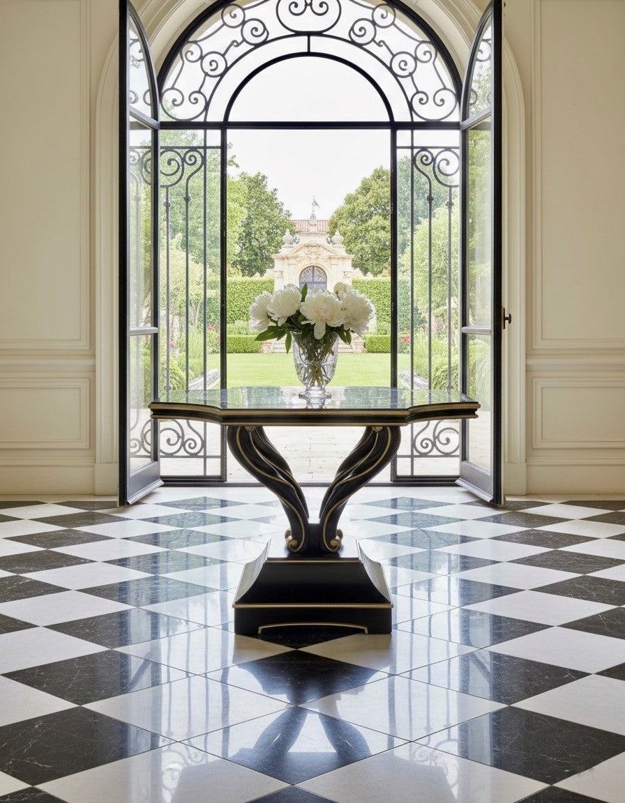 The Lorenzo entry table in a black and gold foyer by Marge Carson