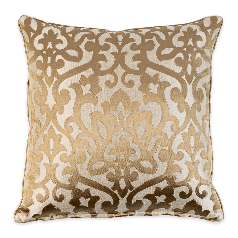 a gold and white throw pillow with a black border