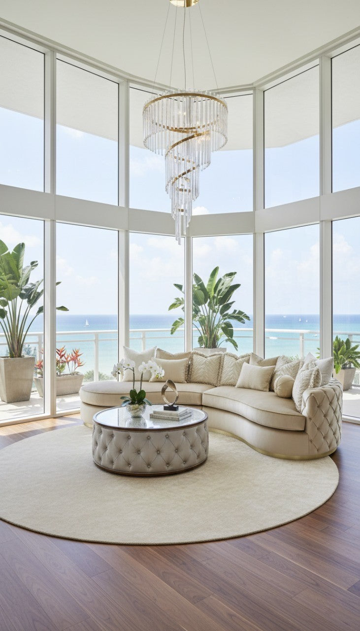 Oceanfront Curved Sofa with Tufted Cocktail Table – The Aurora & Cascade Collection
