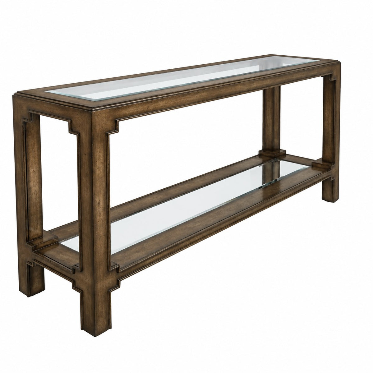 Bali Console in a Pompeii finish with clear glass insets, The Signature Edit