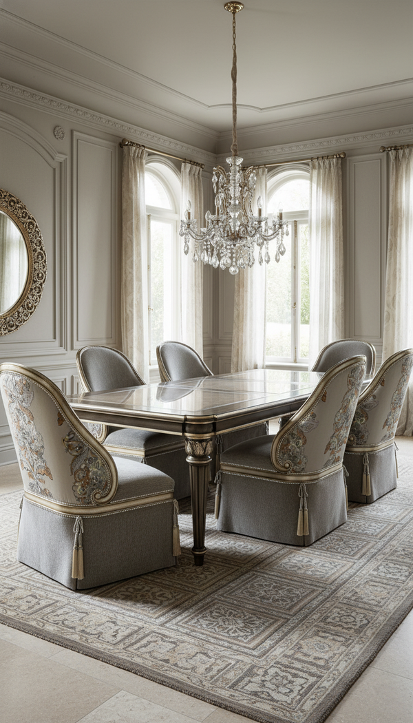 Classical French Dining Room with Crystal Chandelier – The Valentino Table & Charlotte Chair