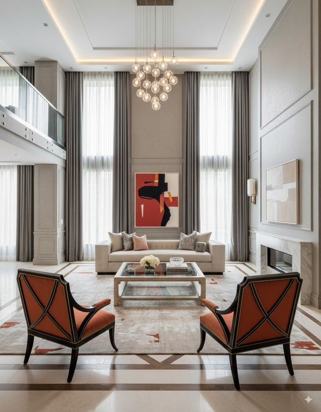 High-Ceiling Modern Living Room with David Chairs – The Beau Sofa & Bali Collection