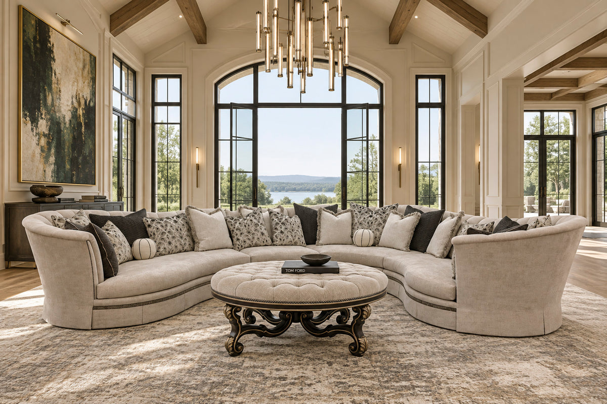 Marcheline curved sectional with a tufted cocktail table by Marge Carson