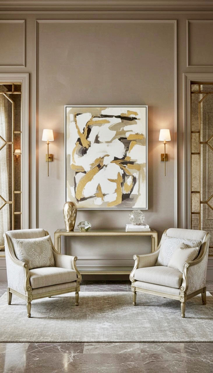 Golden Abstract Study with Accent Chairs – The Portofino Chair & Bali Console | Marge Carson Room Scene