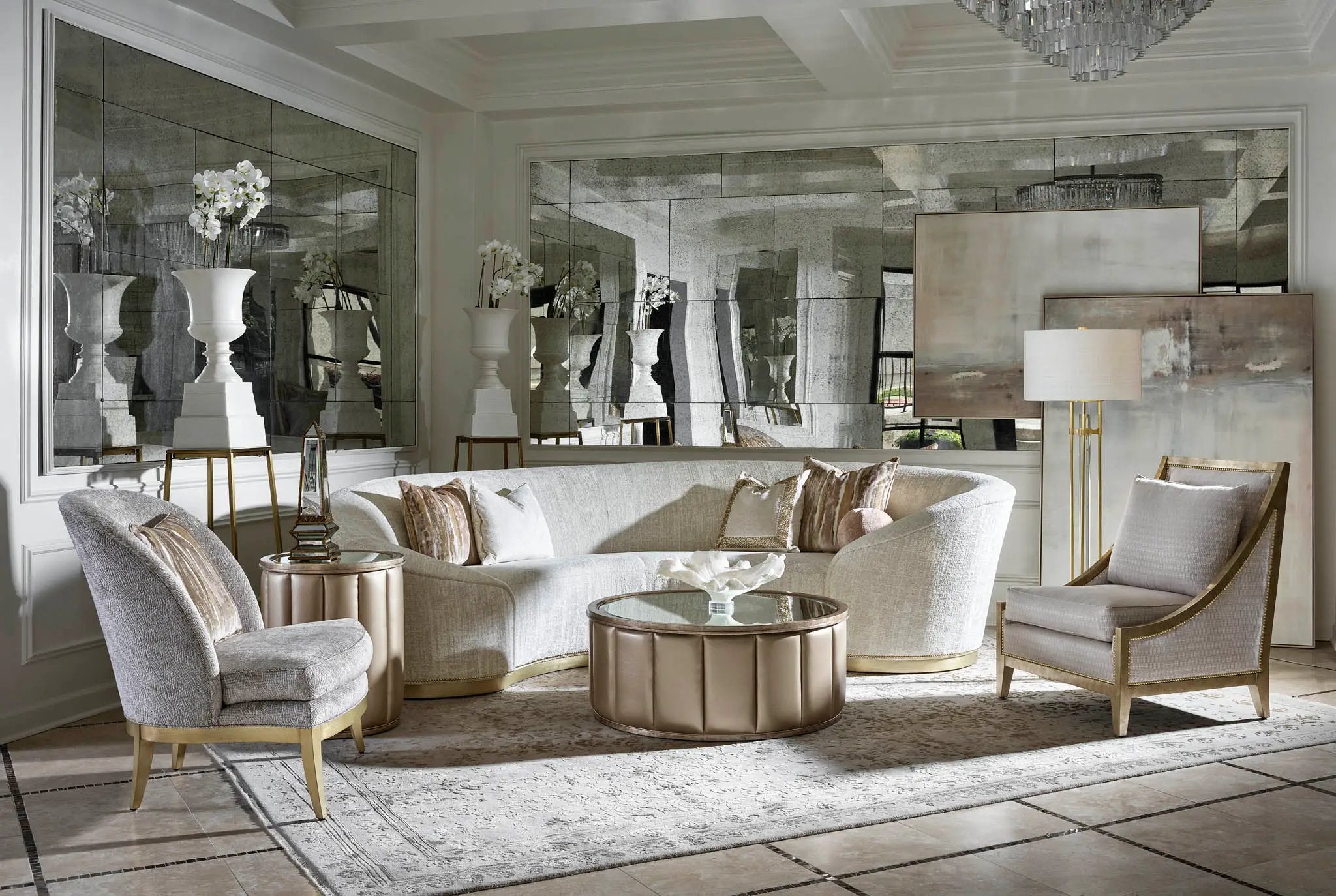 a living room filled with furniture and mirrors